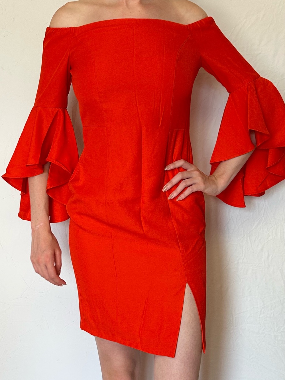 VENUS Red One-Shoulder Ruffle Sleeve Dress
